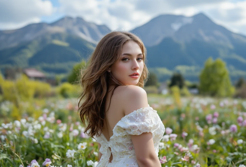 A beautiful woman stood atop a rocky outcropping,  Her hair was swept up in loose curls that tumbled down her back, a subtle hint of makeup accentuated her high cheekbones, full lips, and flawless complexion. As she turned to face the camera, a soft smile played at the corners of her mouth, framing her delicate features and piercing blue eyes overlooking a breathtaking valley below. She wore a flowing wedding dress that billowed gently in the breeze ,the lace was delicately embroidered with tiny flowers and vines, while the hem was adorned with sparkling crystals that caught the light and glimmered like stars. In the foreground, a bed of wildflowers added a pop of color to the scene, with vibrant hues of pink, purple, and yellow. Bees buzzed lazily from blossom to blossom, collecting nectar in the golden light of the setting sun. The sun was setting behind the mountains, casting a warm orange glow across the vast landscape.