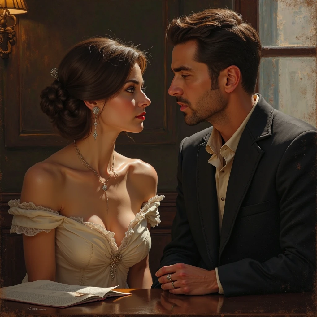 man and woman, Daniel Sisniega in black suit, near Catherine Zeta-Jones in black dress,woman with long hair, man with short hair, Victorian era, unshaven, Undercut,short brown hair combed back, 30 years old, beautiful face, arrogant look, a Catholic church in the background, black smoke swirling behind him, darkness swirling, villain, Lasombra, большая грудь у женщины.