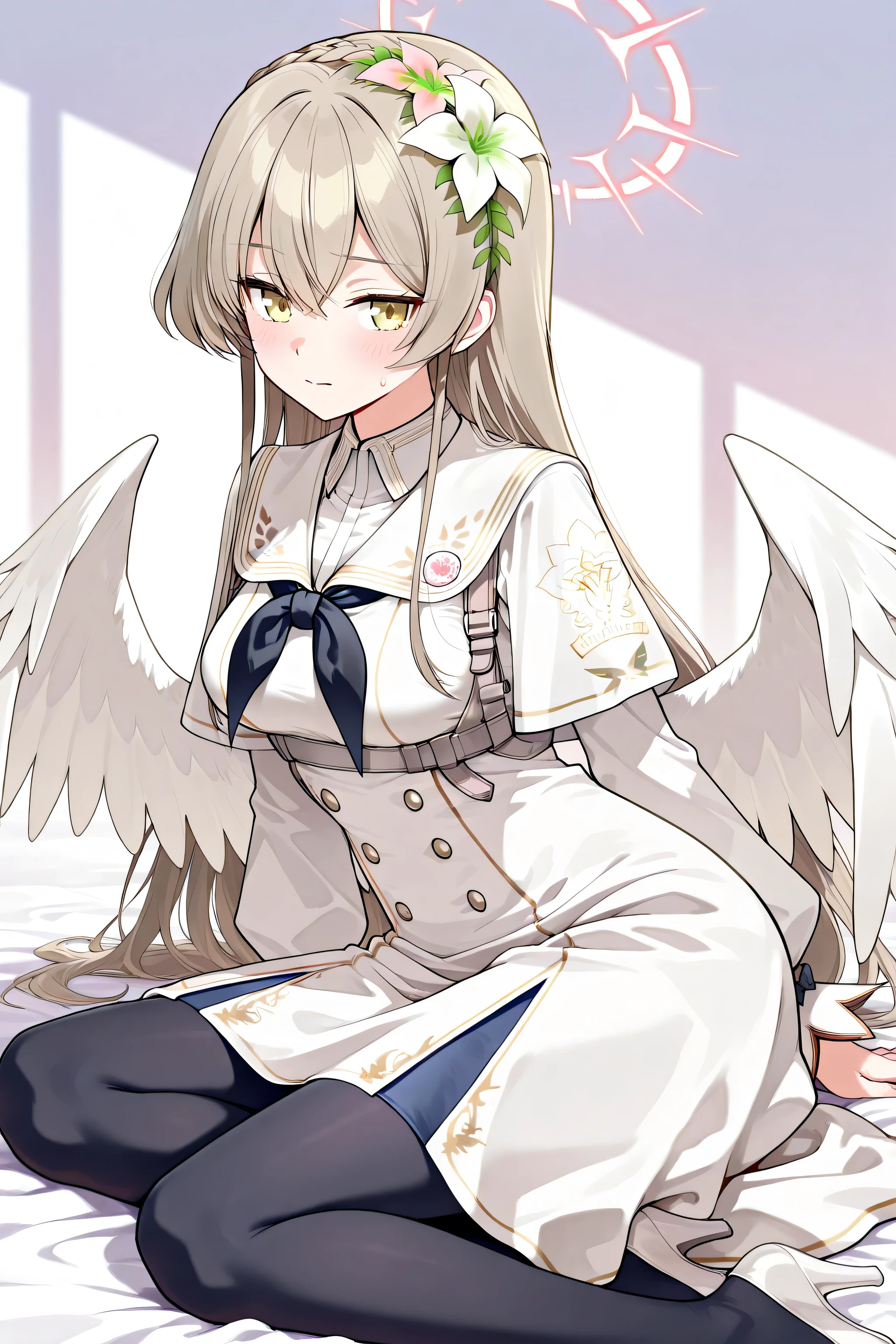 nagisa \(blue archive\),(yellow eyes),long hair,brown hair,braid,hair flower,halo,wings,white dress,capelet,black pantyhose,white high heels,nagisa-default,middle breasts,上半身にフォーカス。中くらいの胸。笑顔。黒いビキニ。時間は夜。暗いライティング。masterpiece,Highest Quality,Very Detailed,Ultra High Definition,8k,4k,simple back ground,