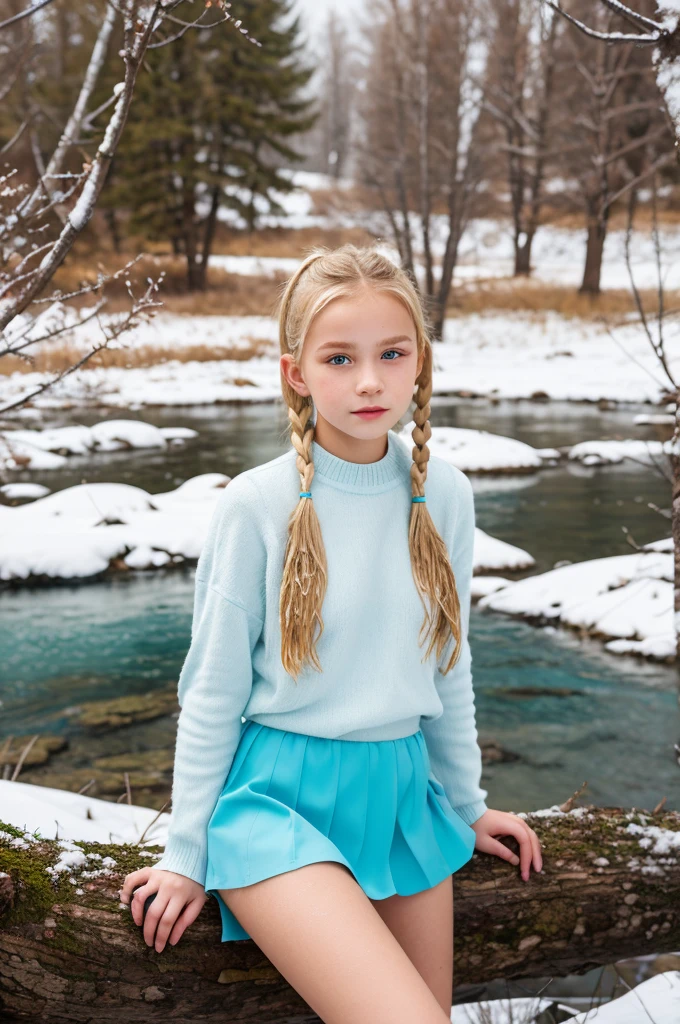 Portrait, high quality, Ukrainian little girl fairy winter snow in the forest through the trees About 10 years old, blue eyes, smooth skin, ((Best quality, 8k, Masterpiece :1.3)), 1girl, Pretty girl , Casual outfit :1.2, in the forest, Ultra-detailed face, Detailed eyes, Double eyelid