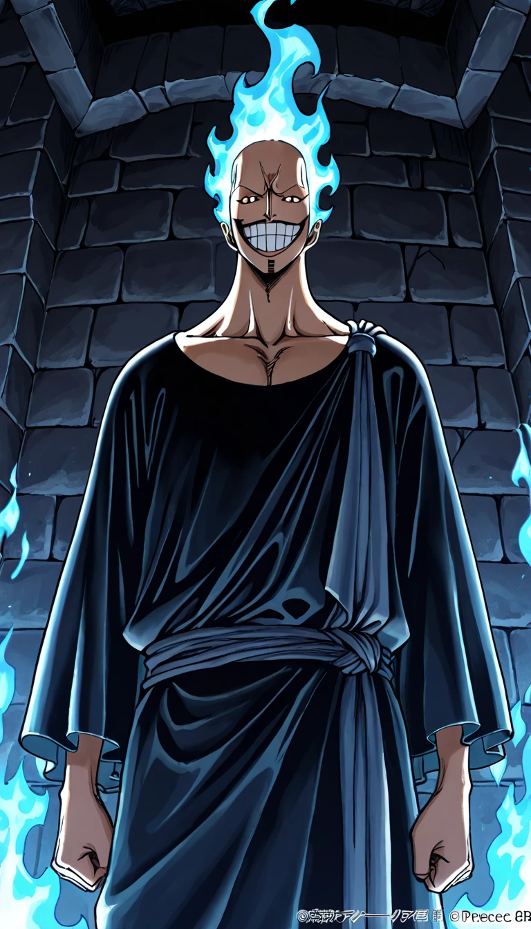 (1boy, hadesdisney), (extremely detailed CG unit 8k wallpaper),(master part), (best quality), (ultra detail), (best illustration),(onepiecestyle), cowboy shot, dutch angle, standing, facing viewer, looking at viewer, perfect face, perfect eyes, perfect fingers, traditional media, stone wall, dark, dungeon, indoors, break , upper body, solo, male focus, blue fire, black toga, greek costume, evil smile, arms at side, 