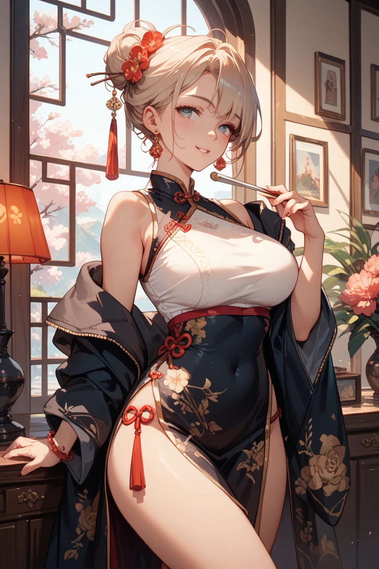 android18,anime style, solo, hat, short hair, blonde hair, ground vehicle, bicycle, looking at viewer, full body,short chinese clothes, cherry blossom background, dress, water, flower, long sleeves, floating hair, riding, holding, white flower, strange background,masterpiece, best quality, Ultra-precise depiction, Ultra-detailed depiction, official art,highres, BREAK, (extremely beautiful face),(high detailed face),beautiful detailed eyes, detailed lashes,(shiny skin), makeup,(blushing face erotic), BREAK, full body, ((toned slim body)),beautiful ass, toned buttocks, beautiful legs, BREAK, (((nice hands, perfect hands))), ((very beautiful breast)), BREAK, looking at the viewer,dynamic pose, angle pose, dynamic perspective ,dynamic movement, BREAK, (dynamic background), (((background based on the character's colors and clothing))),