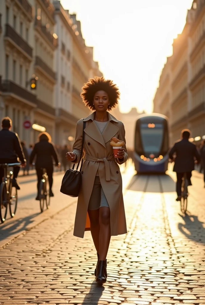 Very young small German dark brown woman in boots and beige trench coat