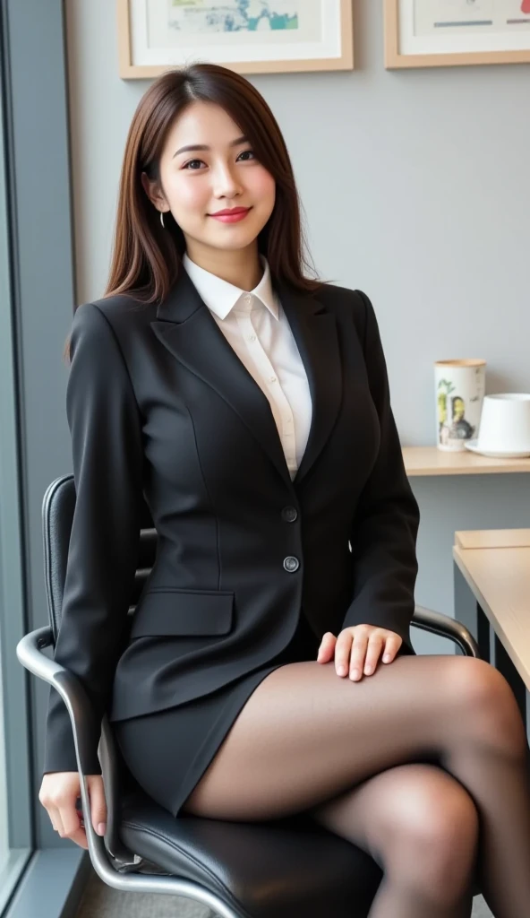 ((highest quality.8K、
masterpiece:1.3))、sharp:1.2、
perfect body beauty:1.4、 Slim
abs:1.2、((layered hairstyles、
huge :1.2))、company employee、Sit on a chair、Wear black tights、skirt、suit、office、Office Lady、office worker、Spread your legs、black underwear