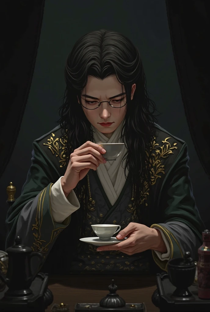 highres,masterpiece,best quality,1boy,<lora:ShadowverseIceschillendrigV3:0.75>,vest,formal,jacket,tie,sitting across table,afternoon,wearing red sun glasses,smoking cigarette,Western style courtyard,grass,Marble table,tablecloth,afternoon tea,deserts,black tea,gold-trimmed ceramic teacups,gold-timmed teapot,silverware,looking at viewer