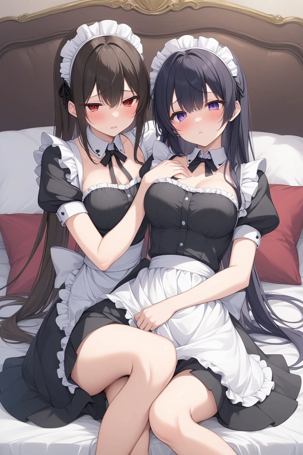 Anime girl with black hair and white dress lying in bed, Anime drawing by Honoohito, Pixiv, Sequential Art, anime girl in a Maid costume, , Anime Moe Art Style, gorgeous Maid, Cute girl anime visuals, anime cat girl in a Maid costume, Maid outfit, Enchanting anime girl, Lori, Maid