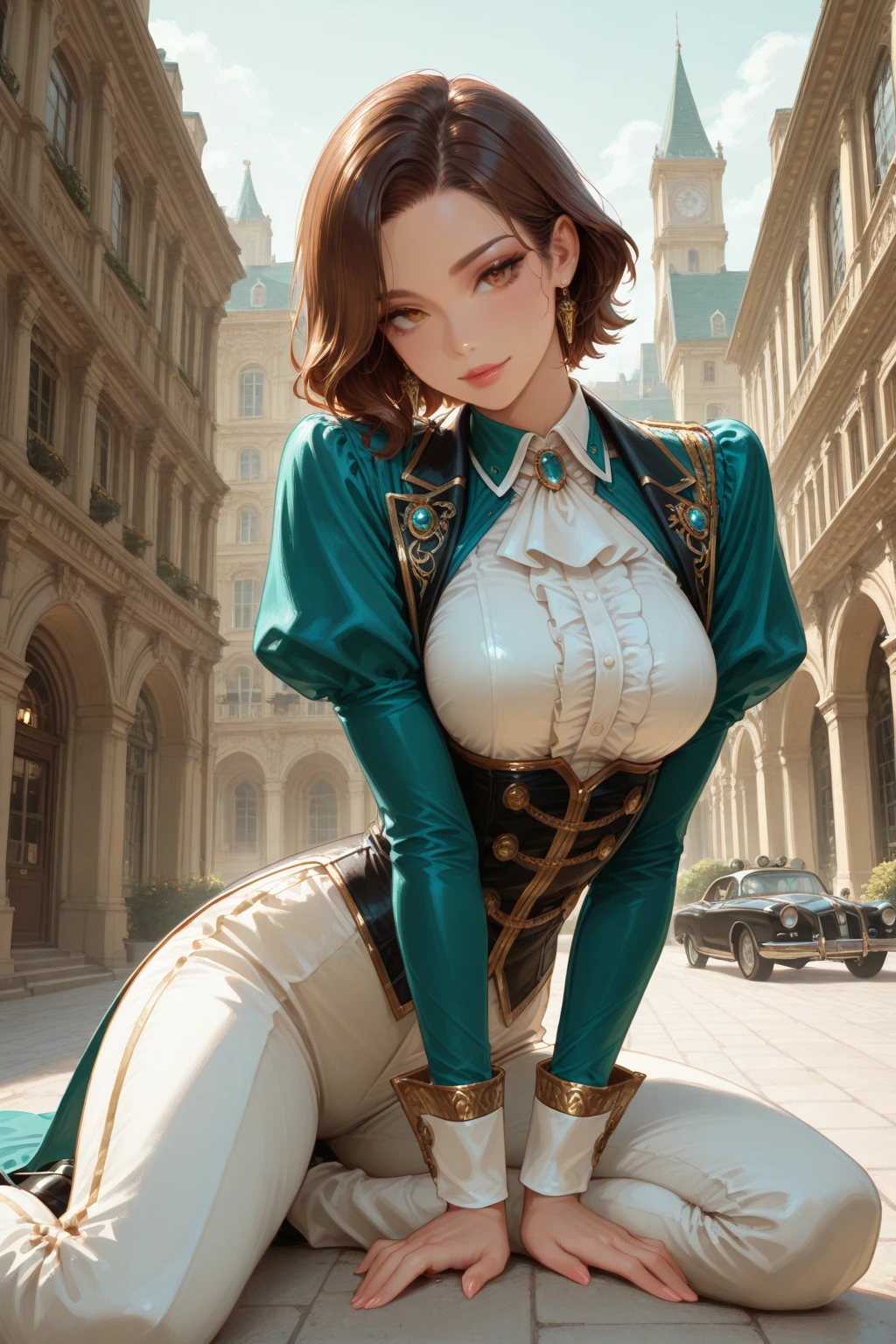 1woman, 18 yo, masterpiece, best quality, (fesylvain as a woman), hair bob, dangling earrings, medium breasts, cleavage:1.8, garden, sitting at table,  white shirt, tucked in shirt, dark blue skirt, (blue leggings):1.8, facing viewer, lipstick, uniform:1.8, epaulettes:1.8, dark blue boots:1.8, stilettos:1.8, <lora:fireemblem_sylvain:1>, red hair, full body