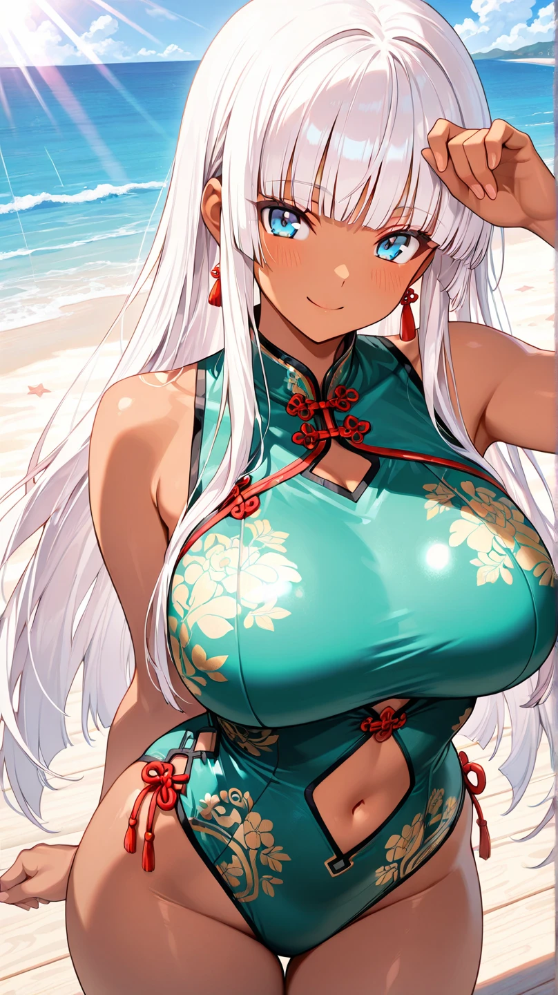 anime girl,white hair,bright green eyes,slight smile,large tits,green kimono