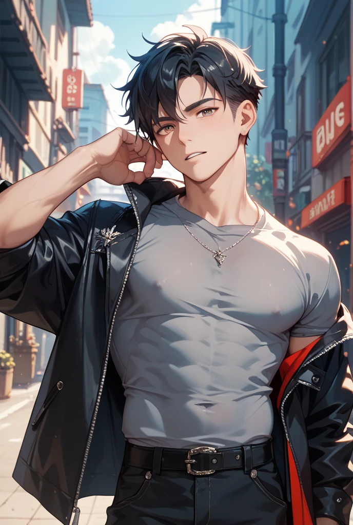 portrait of a 1 handsome asian man (25 year old) wearing a tight black tank top, front view, he is running on the street (smirk:0.65), (angry:0.3), cinematic shot on canon 5d ultra realistic, urban atmosphere, skyscrapers, night scene, sakura petals are flying over the background, short hair undercut, (extremely handsome:1.2)