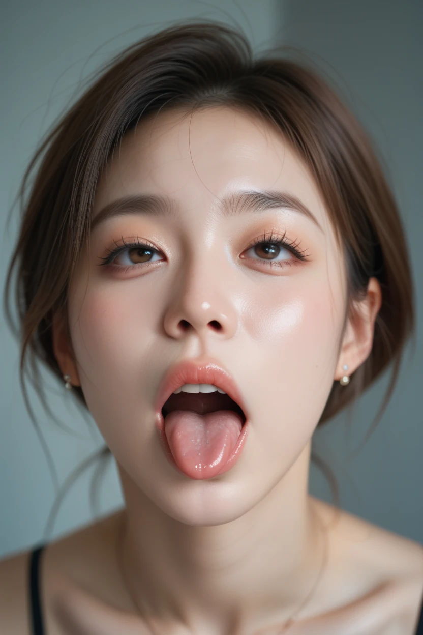 High resolution realistic photos,8k,Realistic skin texture,to be born々New People々,1 girl,Tabletop,,Awards - Winning Photos, Very detailed, Keep your eyes focused, Japanese、Pretty face、Beautiful Skin、Nose and mouth,Face Focus, Extreme close up of face、Woman with open mouth and closed eyes, Black camisole、20-year-old,Black-haired、Symmetrical face,Realistic nostrils、Angle from below、Elongated C-shaped nostrils,((Gray background))、Sweaty skin、汗でGlowing Skinを強調する照明、((Sharp Nose))Skin shiny with sweat、Shiny skin、Sweaty hair、sunlight、(Brow wrinkles)((Frowning))（Cum on tongue)、Deep Kiss、((Thin eyebrows))(((Oily skin)))、Glowing Skin、double eyelid、Wet and shiny tongue、Head raised