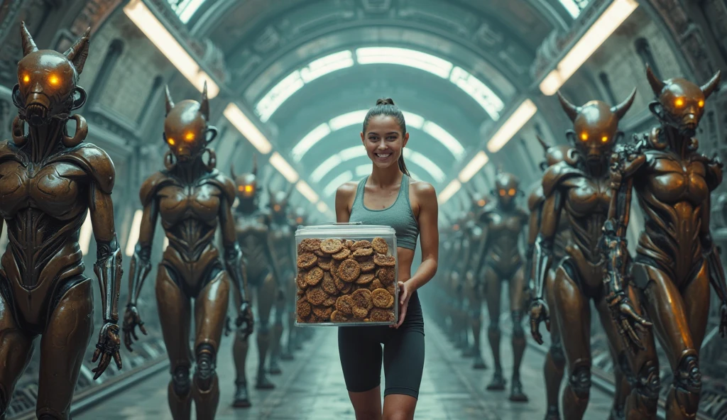 (Masterpies), the best quality, a mesmerizing cyborg girl, she stands at the checkout counter in the grocery store, scans the goods at the checkout, food racks and other customers are visible in the background, neutral dark tone.