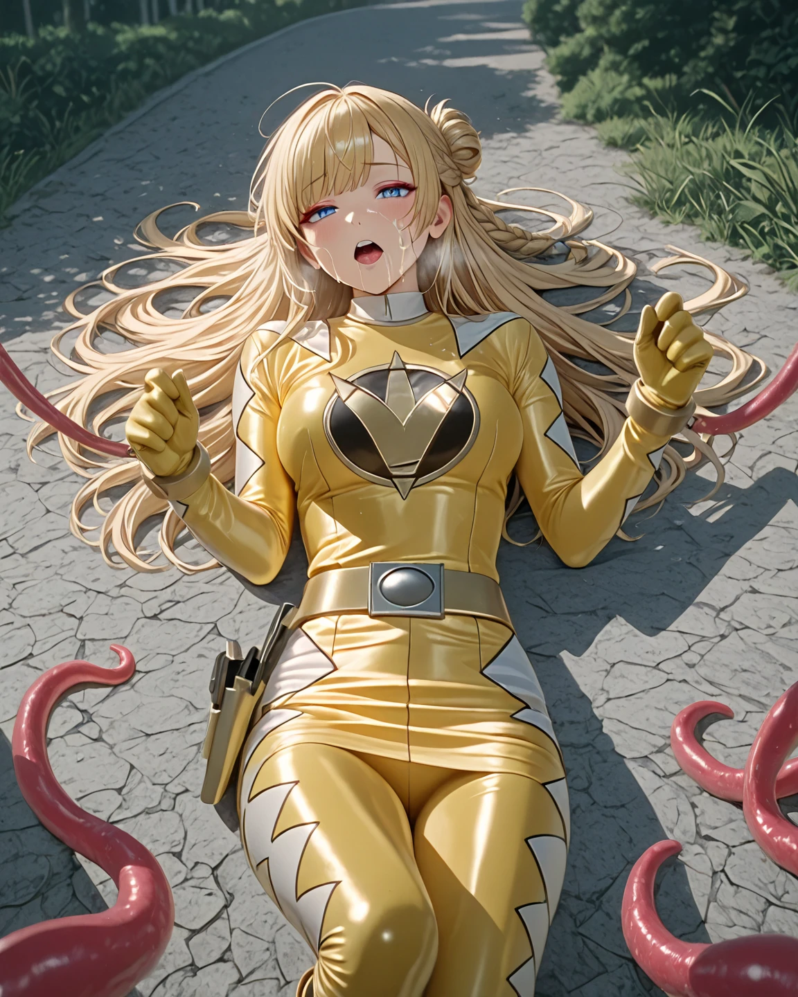 tmasterpiece，A boy，It's a very uncomfortable look，Flushed complexion，There are several hamsausage-like columns around them，golden hair，spread their legs，Stick out your tongue，full bodyesbian