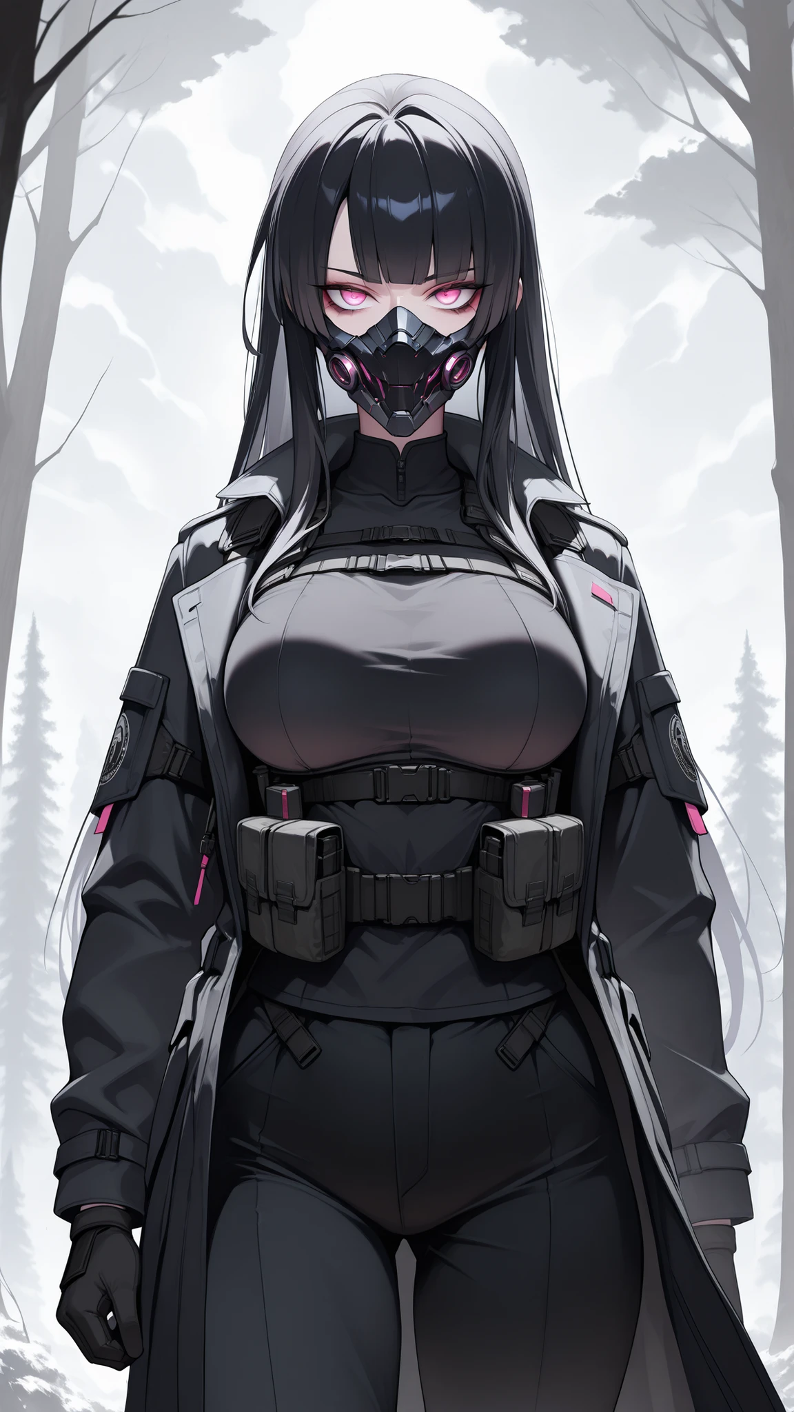 absurdres, (((Ultra HD))), (((Ultra High Quality))), ((hyper detailed)), ((Ultra High Resolution)), (Highly rendered), ((detailed eyes)), (((8K))), ((perfect face)), ((masterpiece)), cinematic, solo, 1girl, thin, pink eyes, black hair, long hair, blunt bangs, straight hair, black mask, mask, mouth covered, medium breasts, tactical clothes, black shirt, black trench coat, tactical gloves, black pants, forest background, tree, sky, clouds