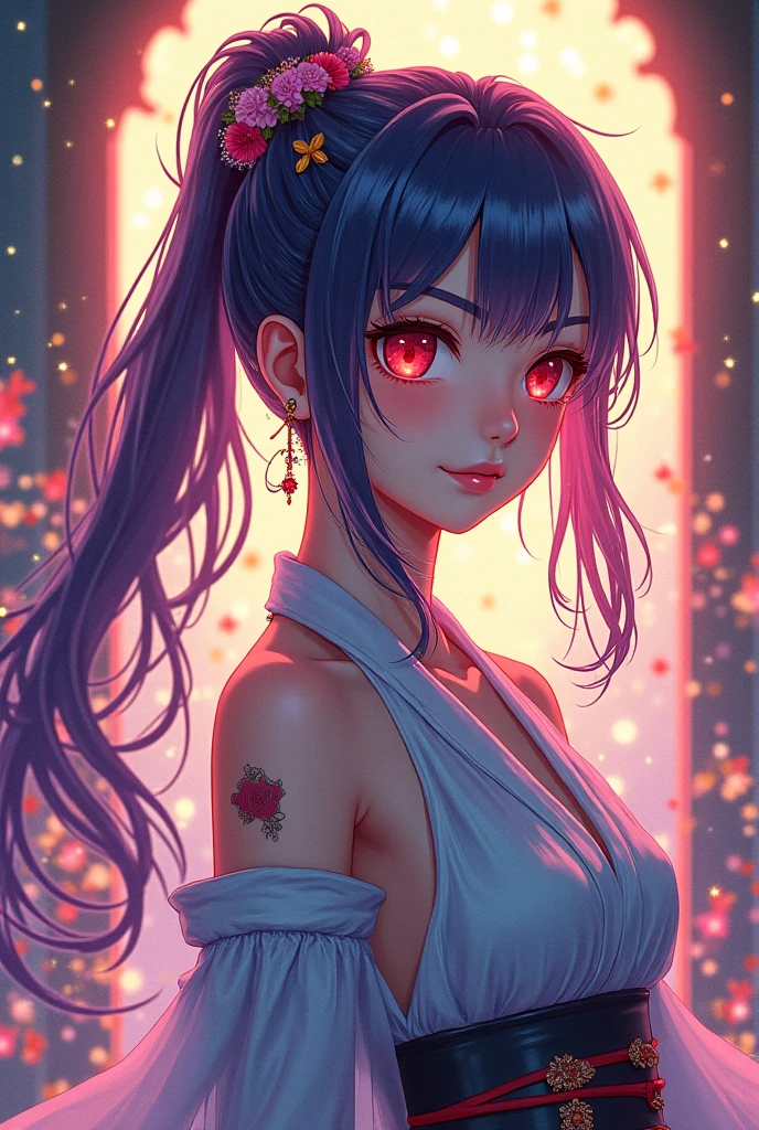 A girl 18 years old, wearing kimono, bare shoulder, sitting, looking at the Full Moon, red moon clouds, stars, point of view, beautiful girl with red lips, smoky makeup, Piercing, ear piercing, (eyes with solid circles, eyes red: 1.13, bright eyes), (Short messy hair, highlighted hair, black hair, red hair, blue hair, colored hair: 1.4), (Body covered in tattoo, image with glowing skin, high detail), (face and highly detailed eyes: 1.4), Ray tracing, motion lines, masterpiece: 1.2, best quality, 8k, Ultra HD, high resolution, high details, cinematic Lighting, hyperrealism, textured skin, anatomically correct, Unity wallpaper 8K CG, highly detailed: 1.1, noise removal resistance: 1.45