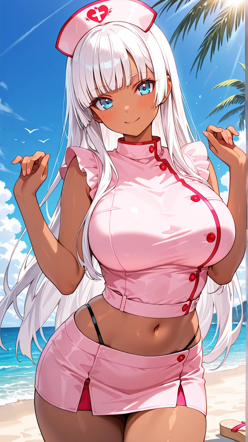 1girl, dark skin, dark body, yellow eyes, white hair, long hair, breasts, huge breasts, thick thighs, wide hips, one-piece swimsuit, competition swimsuit, white swimsuit, (red trim), red trim, pool, wet, light smile, school