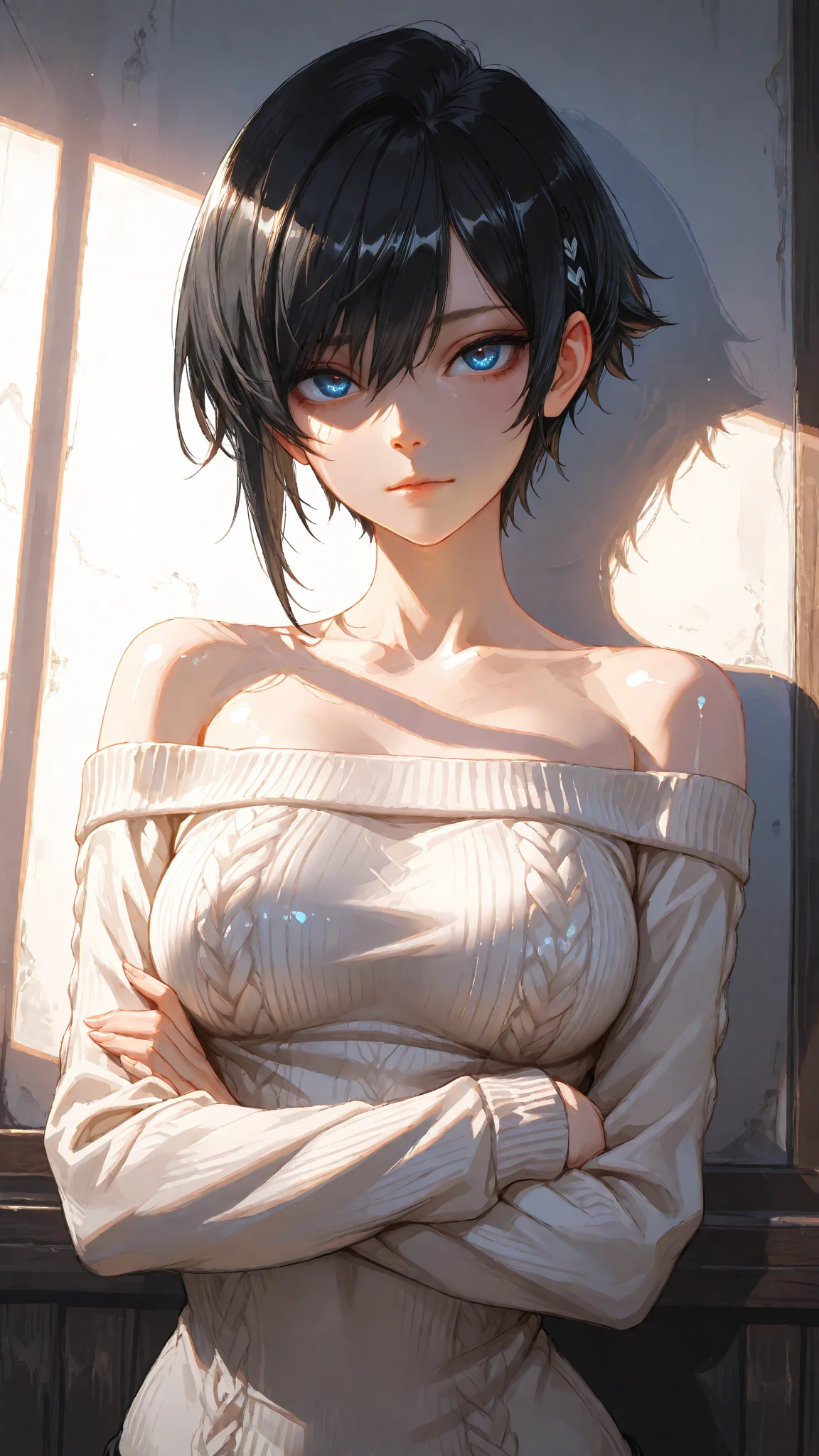 masterpiece, best quality, 1girl, black sclera, blue eyes, black hair, closed mouth, looking at viewer, shirt, jeans, short hair, simple background, solo, upper body, dynamic pose <lora:black_sclera:1>