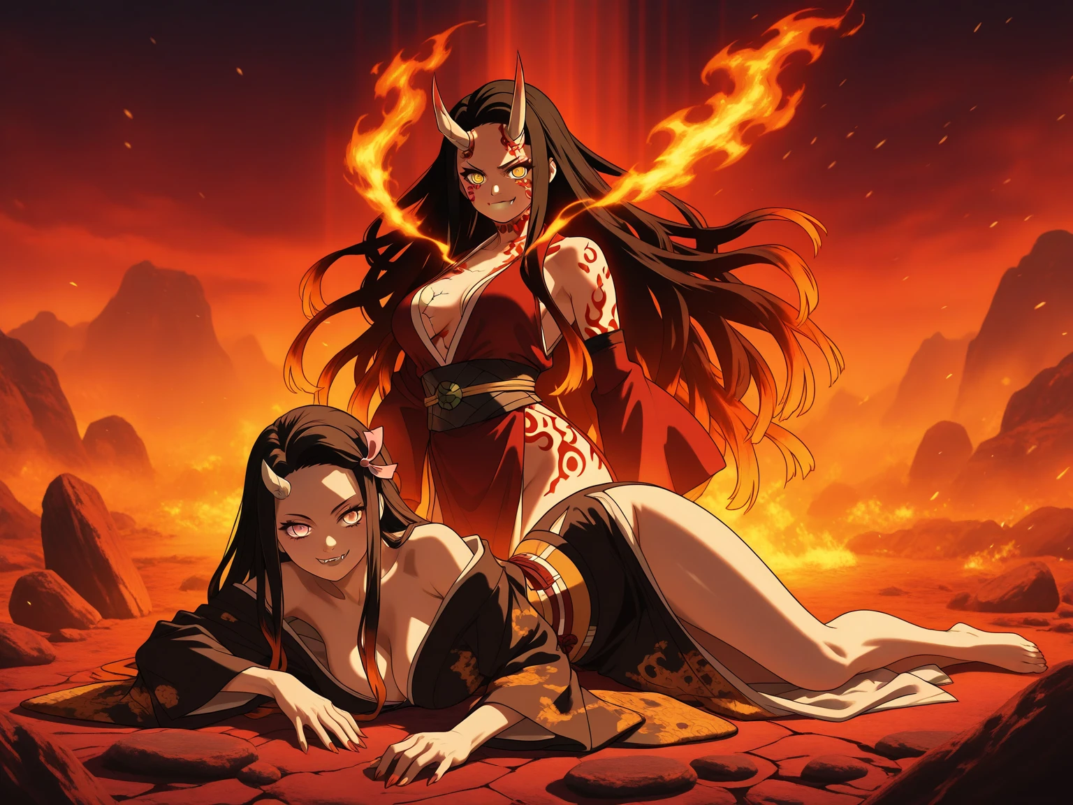"(artwork+masterpiece:1,4), (1girl), long black hair, wearing black sticky robes and gloves on her hands, within a burning setting, brown skin,(fire hair:1,3),(shimmering red eyes:1,2)"