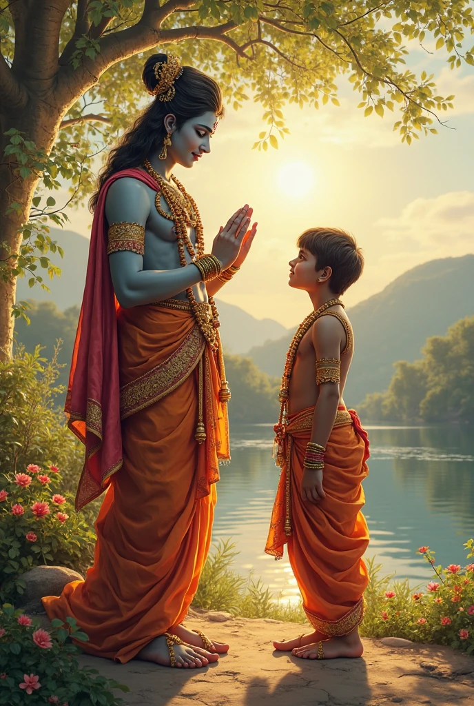 A boy wear Aman name jersey sitting in front of lord Krishna blessing him