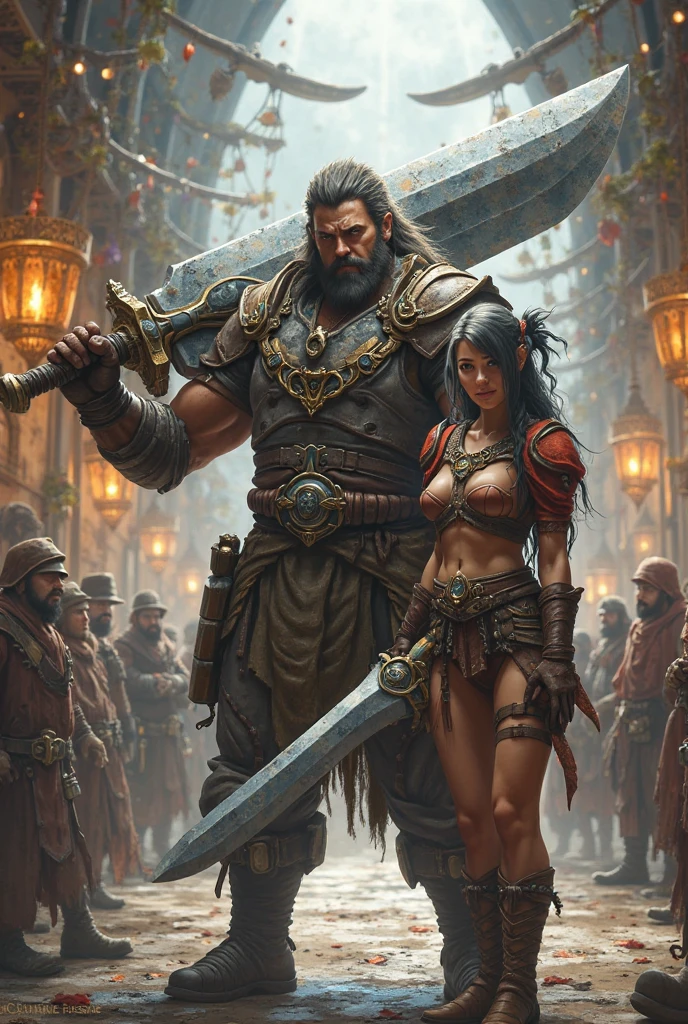 (masterpiece, best quality, high resolution, ((full body, standing,))((huge breasts)) 1 big muscular woman, full body beast skin fantasy adventurer costumes, wild looking, large steel gauntlets with spikes on the hands, powerful and brutal posture