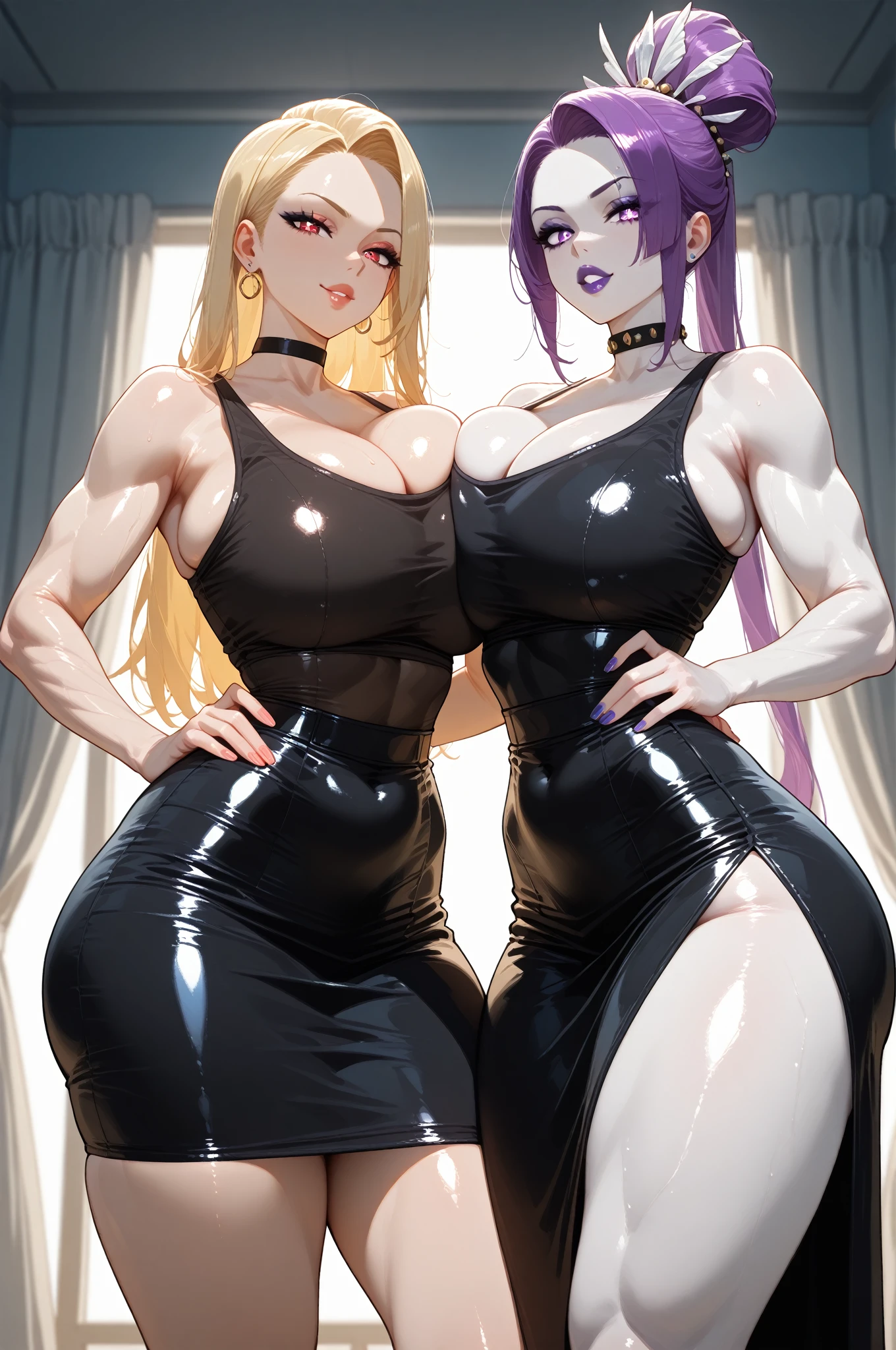 Tatsumaki with over exaggerated large glutes, huge glutes, thick glutes, rounded glutes, wide hips, , black dress, thighs showing, dress shows off figure