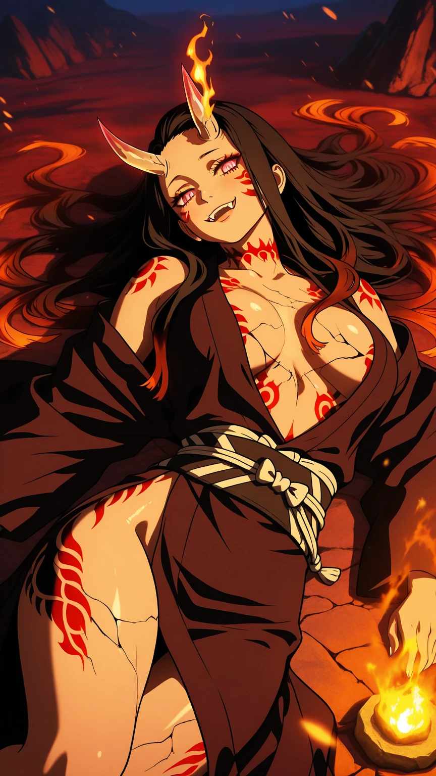 MakiOze, MageCL, 1girl, flame in hand, cowboy shot, small breasts, bra, gloves, slim, glowing eyes, navel, pale, dark sky, red moon, exterior, red eyes, villain, masterpiece, evil, bored, wanostyle, solo