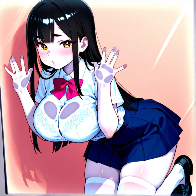 (NSFW:1.2),(masterpiece:1.2), (Highest quality),(Open your mouth)、front、 whole body, Beautiful Skin, Super fine, Highest resolution、(Sunburn:1.2)、(Black Hair:1.4)、(Short Hair:1.2)、blue eyes、(indoor)、(Squat:1.2)、Patsun Hair、(blush:1.1),(Realistic), 1 girl, Laugh with your mouth open、A scornful smile、(Navy Blue Skirt:1.1)、(Hair Clip:1.1)、(Two Side Up:1.2)、choker、(Black knee socks),(Cleavage:1.1)、Budding breasts、Rocket 、Firm breasts、Heart symbol、Lolita、Brat、(Lolita:1.3)、Baby Face、Young face、(White panties:1.2)、Zaako、Brat系、(View from below:1.1)、Spread your leg-shaped legs、(Loli Big Tits:1.3)、(Sailor suit)、Open chest、(White polo shirt:1.2)、(White bra),Beautiful nipples