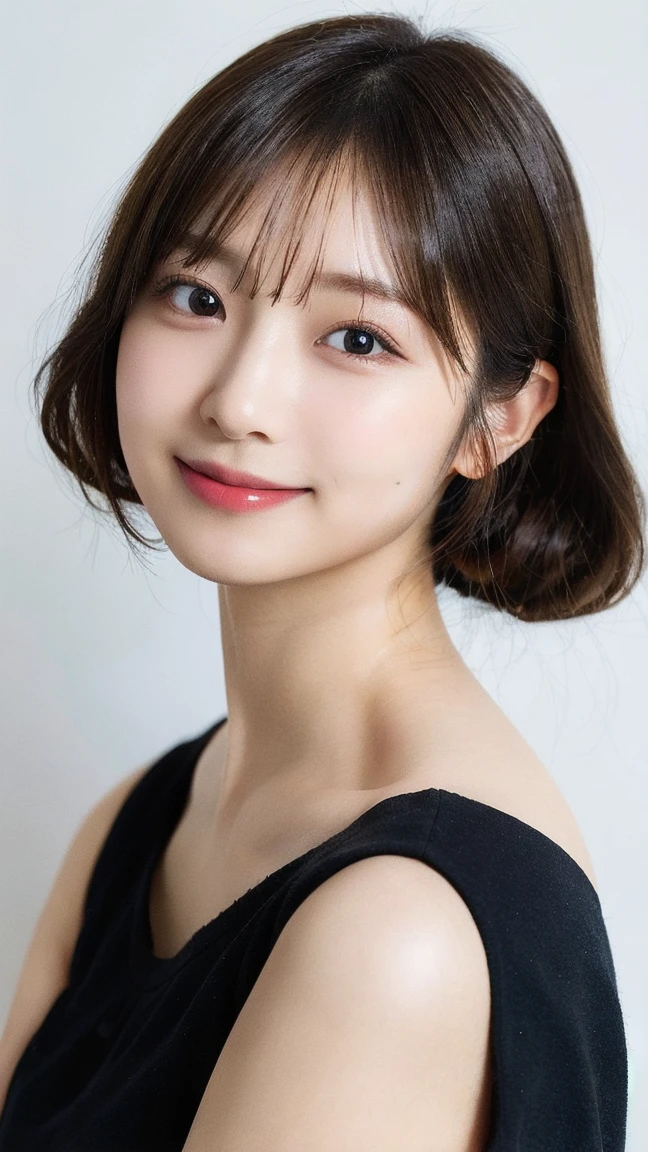 white background, half body portrait, bust shot, looks very happy, smile, one girl, (a beauty girl, delicate girl:1.3), (20 years old:1.3), break, (wear off shoulder navy dress), break, very fine eyes, (symmetrical eyes:1.3), break, F cup breasts, brown eyes, parted bangs, short hair, brown hair,  (eyes and faces with detailed:1.0), break, (masterpiece, best quality, ultra detailed, detailed face, 8k)