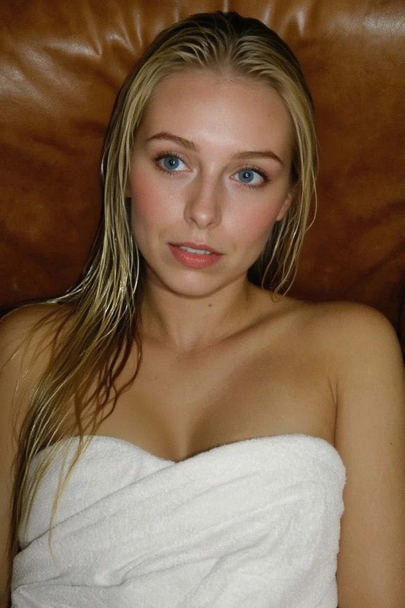 UHD, ultra high resolution, photo realistic 1.4 A glamorous young white American lady who is 26. She has blonde hair that is long and curly. Her almond eyes are emerald green. Her body is fit. She's at a luxury spa taking a mud bath.