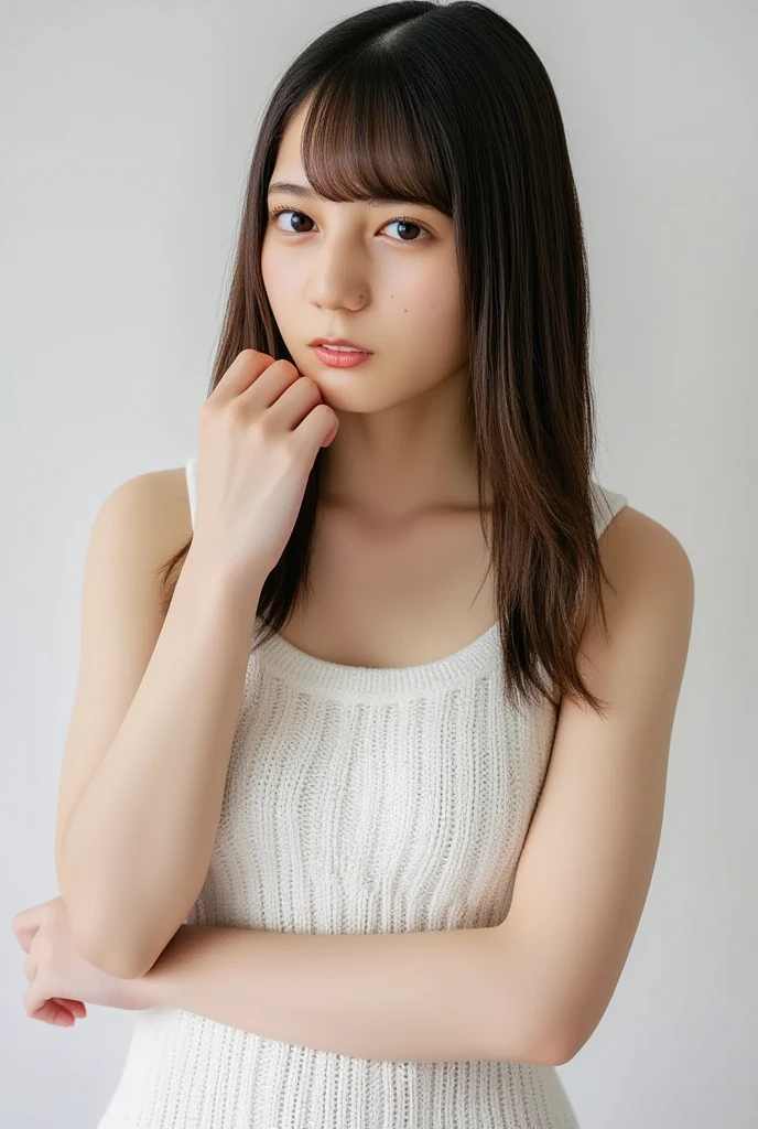 1girl, 25years old woman, (perfectly detailed face), (((Tank tops))), Slim body, Small breasts, medium breasts, beautiful face, ((looking at viewer)), Simple Background, ((white background)), ((white wallpaper)), White skin, (bright lighting:1.2), perfect lighting, armpits, Show one armpit, Smooth and beautiful armpits, photorealistic, (bokeh), UHD, anatomically correct, highres, masterpiece