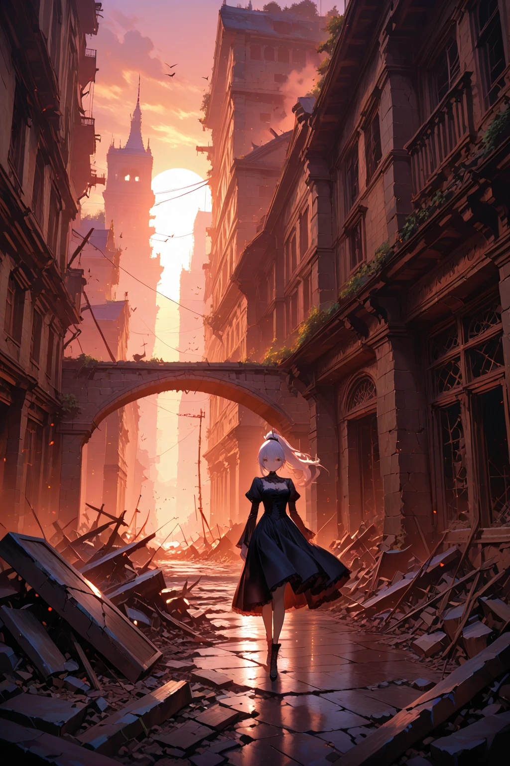 Blonde woman covered in blood splatters in an apocalyptic city, realistic cartoon animation, Greg Rutkowski --auto --s2