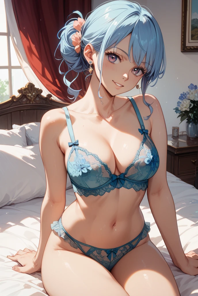 beautiful and breathtaking mature woman, large sagging breasts, ((light blue hair, beautiful bangs)), double eyelids, light effect on the eyes, (((sexy and bold red lingerie with lace print)) (( masterpiece, best quality;1.3), ultra detailed, 8k Unity Wallpapers, CG, ray tracing, illustration, colorful, cinematic shadow, extremely detailed and beautiful background, vhd, VRay shading, RT)), smile shy, flirting with viewer, facial blush, sexy pose, Japanese traditional house, bright, bright light, ultra detailed, scenic, atmospheric