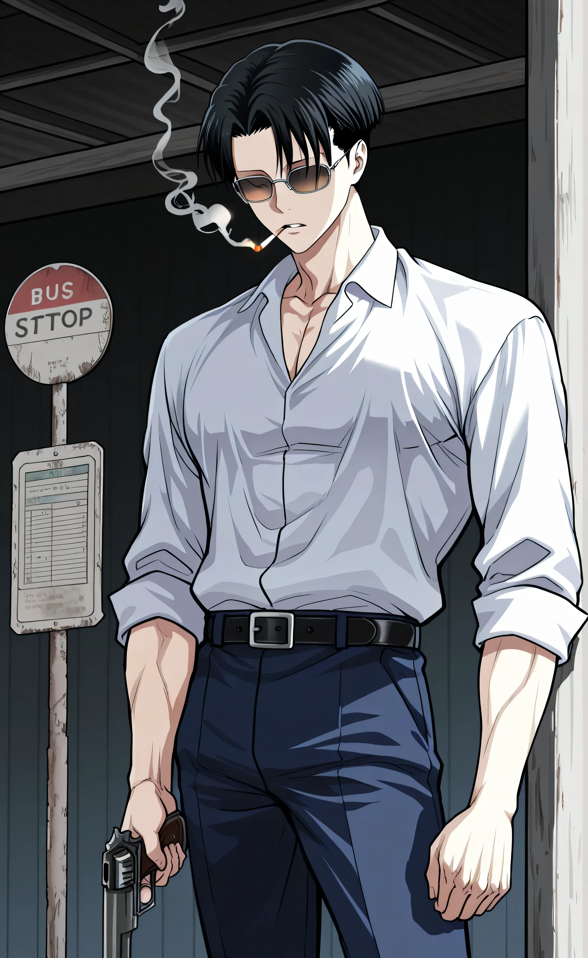 1male,solo,Levi Ackerman,black hair,short hair,sun glasses,not eyes,white dresshirt,navy blue pants,black belt,smoking,ciggarette,bus stop,muscle,weapons,holding a hand gun,lookism,