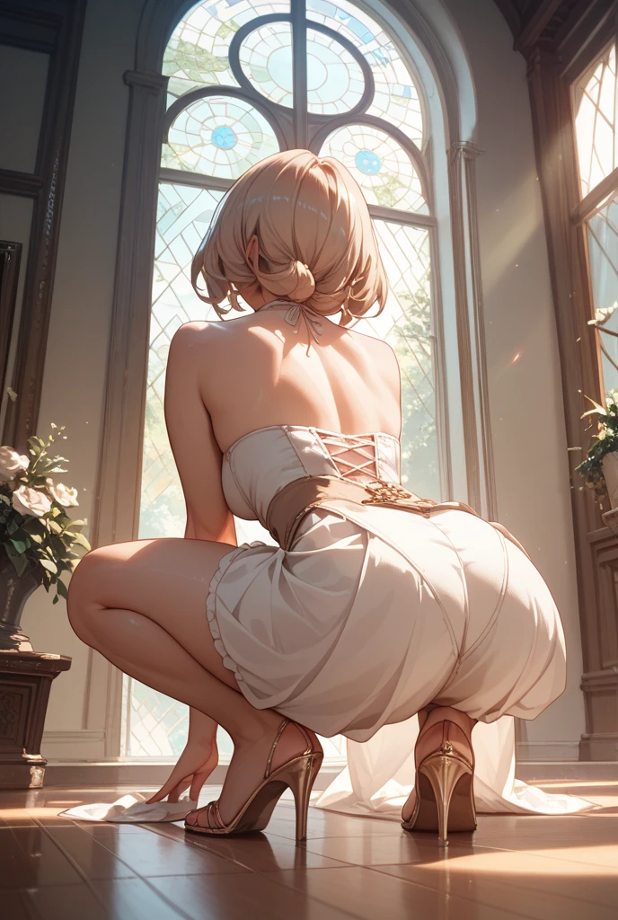 (Masterpiece, top quality, best quality, official art, Beauty and aesthetics: 1.2), (1 girl: 1.3), very detailed, (fractal art: 1.2), colorful, highest detail, (zentangle: 1.2), (dynamic pose), (abstract background: 1.5), (three-layer dress: 1.2), (shiny skin), (multiple colors: 1.4), upper body, transparent gauze, bare shoulders, blooming flower field, glowing skin, light smile, sexy, bust, naked, from below, butt up waiting up