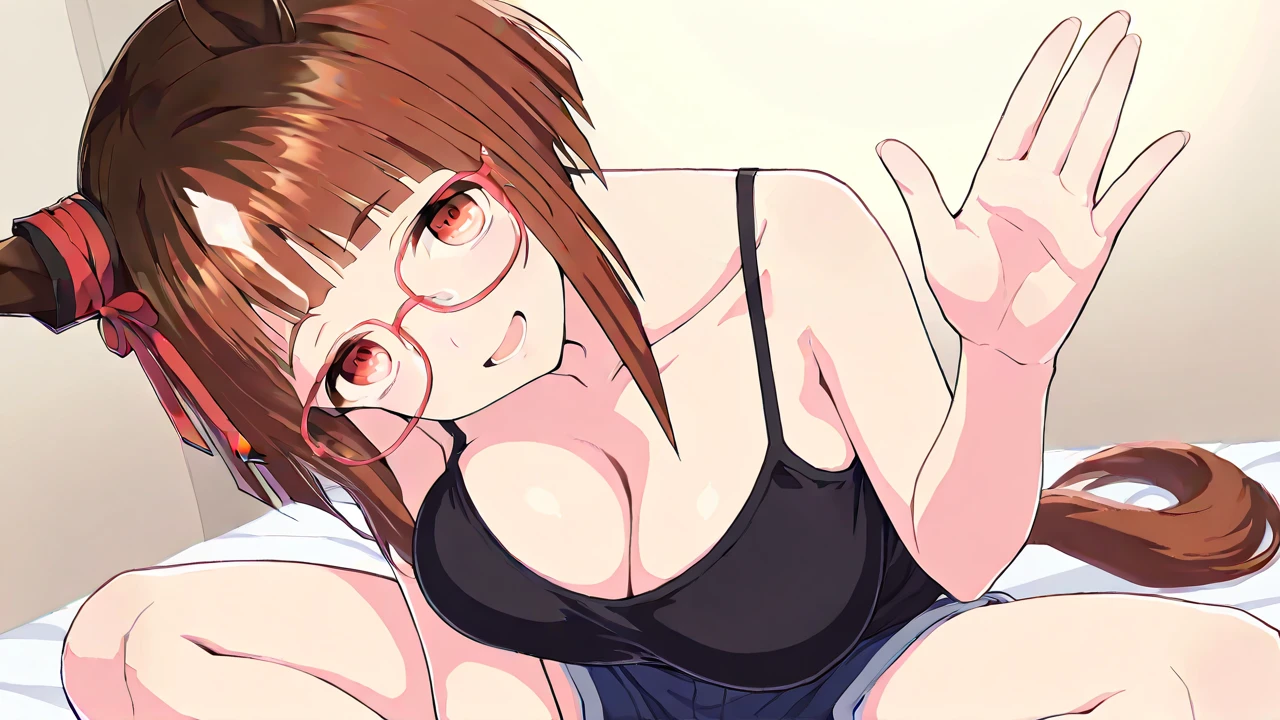 1girl,brown hair,,wavy short hair,,,masterpiece,,nsfw ,sitting,,flat breast,,blush,sweat,heavy breathing,,white background, simple background,glasses,nose hook,naked