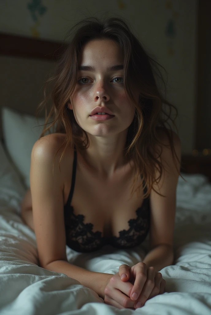 (photorealism:1.2), Millie Bobby Brown sitting on a bed with tight clothes looking at the camera content and seductivly