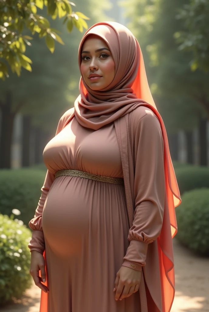 Close up),RAW, Best quality, high resolution, masterpiece: 1.3), Beautiful Malay woman in hijab,perfect fit body, big breast, (huge pregnant) ,sthick thighs,big beautiful eyes, Soft smile, beautiful face,very beutifull face,lip glosy, watery eyes, close up of a woman in a long dress standing on a gravel road, modest flowing gown, long dress female, full covered dress, soft silk dress, beautiful soft silky dress, elegant cape, light half opened dress, malay dress, with cape, beautiful silky dress, dress in voile, in shades of peach, long dress, flowing dress, long cape, dress and cloth Great lighting, Bright colors, Clean lines