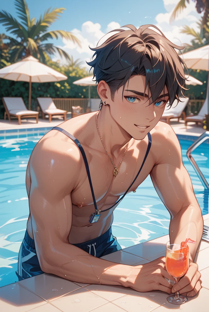 Realistic, a glass bottle of iced water, on the table, summer noon, a 16 y/o idol boy, --no shirt, abs, (smile:0.7)