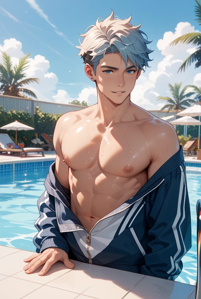 illustration style, cute boy, silver-haired blue-eyed rabbit ears, solo, rabbit ears, rabbit ears, sunny moonlit night, leisurely, sunny night sky, pool relaxation, gaming pool, inflatable float, carefree atmosphere, refreshing water, friendly, half pants, aloha shirt, open shirt, boy's body, refreshing water, gentle ripples, comfortable relaxation, , tropical palm trees, Night sky, lazy night, quiet oasis