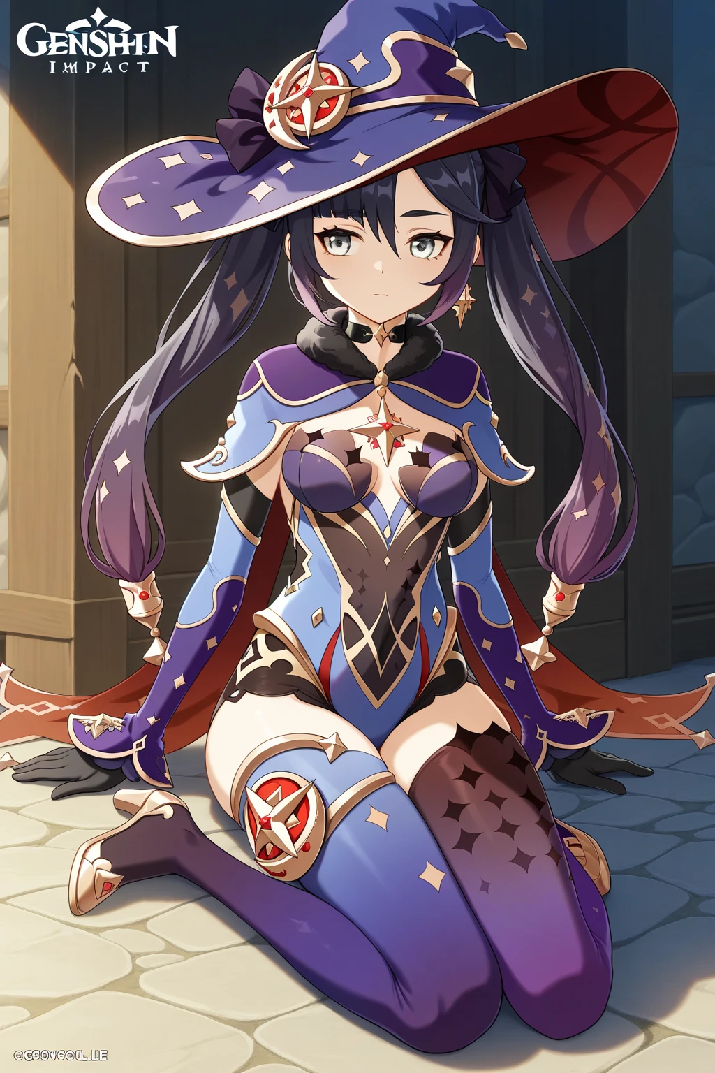 masterpiece,Ultra HD,score_9, score_8_superior, score_7_superior, score_6_superior,score_4_superior BREAK source_anime,可愛いanimeイラスト, One girl, alone, Mona XL, Long black hair, Green Eyes, tsurime, Twin tails, Medium chest, Witch Hat, Body stockings, leotard, Elbow hand pockets, Thigh guard, fur-trimmed capelet,Inside the hut, Sitting, View your viewers,