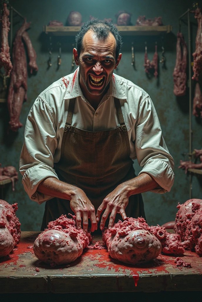 Butcher cutting man hand