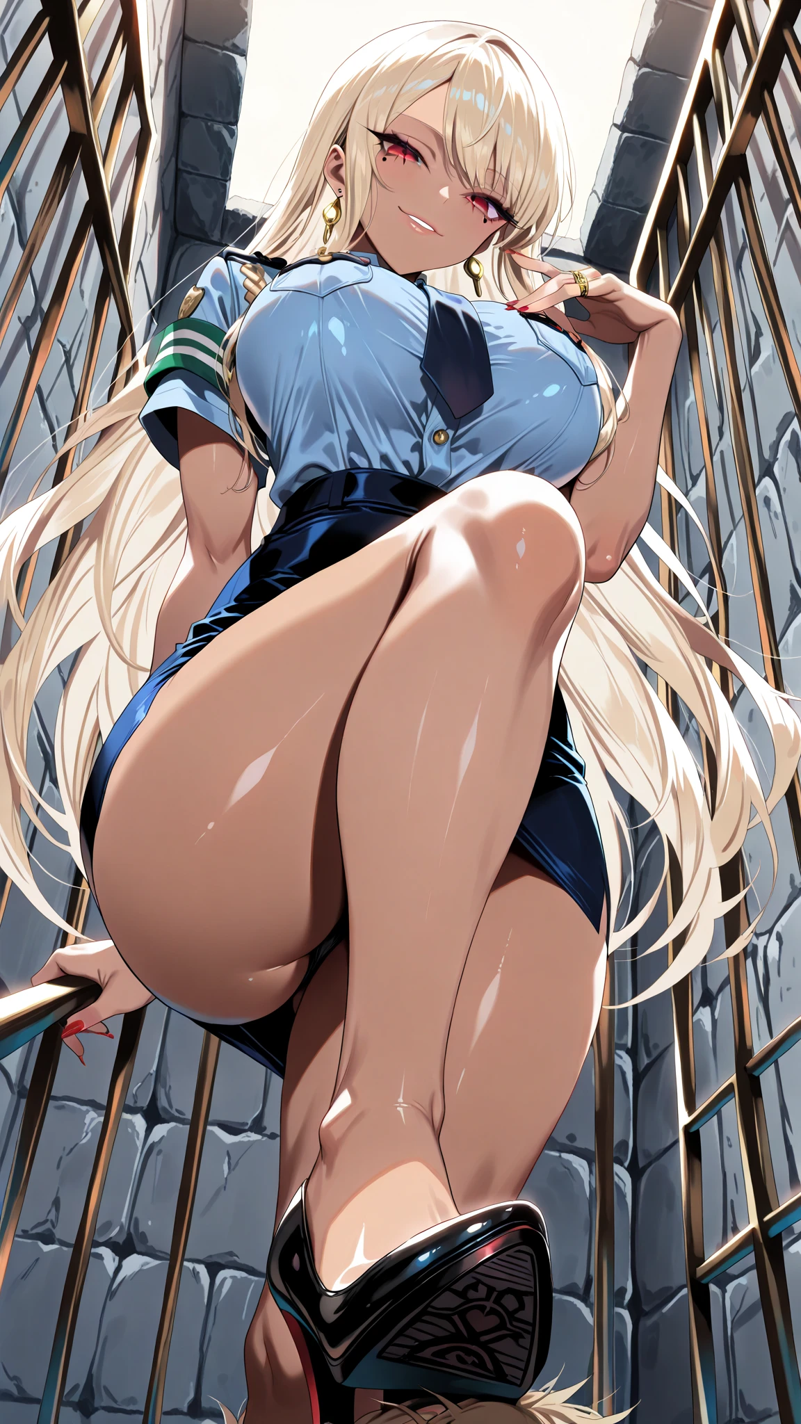 (masterpiece:1.2、Highest quality、Tmasterpiece)、1 female、alone、Day、classroom、beauty、blonde、ponytail、blue eyes、(Sailor suit:1.4)、(Dark Skin:1.4)、break、Big Breasts、(pantyhose)、corset、Earrings、lipstick、Long sleeve、choker、mini skirt、blush、Covered breasts、Bangs braids、(Thick lips:1.2)、(feet off the ground:1.4)、(suspension:1.4)、((Spreading her legs:1.35))、((Legs tied with rope and hung:1.3))