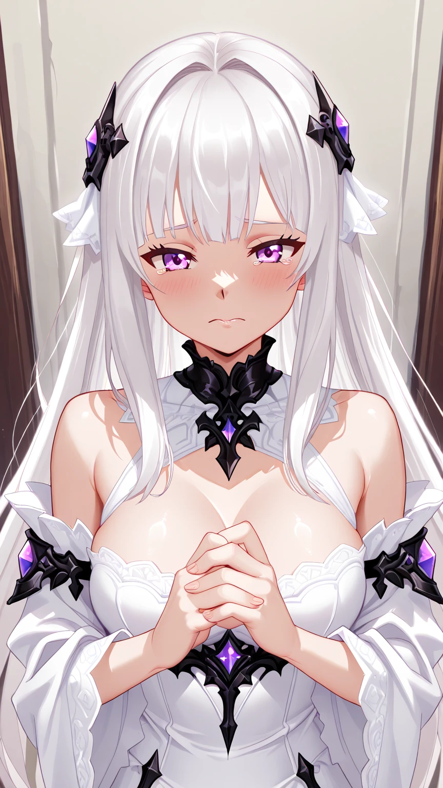 nsfw, masterpiece, best quality, ultra detailed, illustration, 1 girl, white hair, long hair, large breast, purple eyes, beautiful detailed eyes, delicate beautiful face, nude, on bed, arms behind back, beautiful tits, vulgarity, sweat, cum on body, embarrassed, cum on mouth, cum