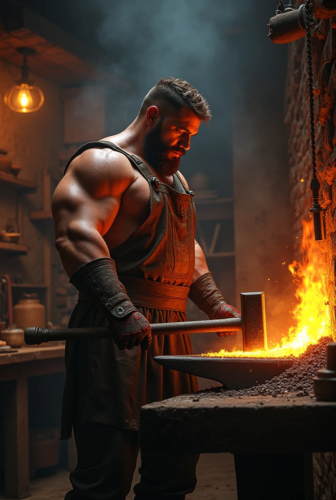 Make a blacksmith forge a red-hot sword in a dark smithy 