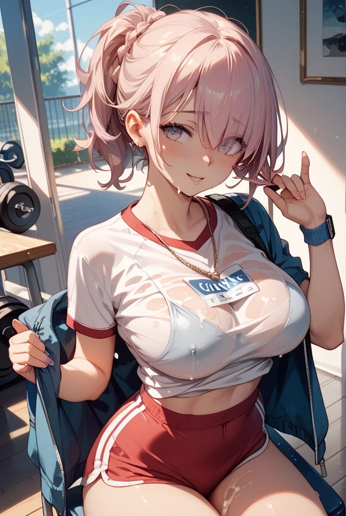 Masterpiece,highest quality,Very detailed,8k CG,
Photograph the upper body,1 Female,(Arms behind back:1.2),Are standing,Body facing forward,View your viewers,(White gym clothes,red bloomers),
blush,shy,(trembling:1.2),Pink Hair,Open your mouth,Large Breasts,Schoolyard,