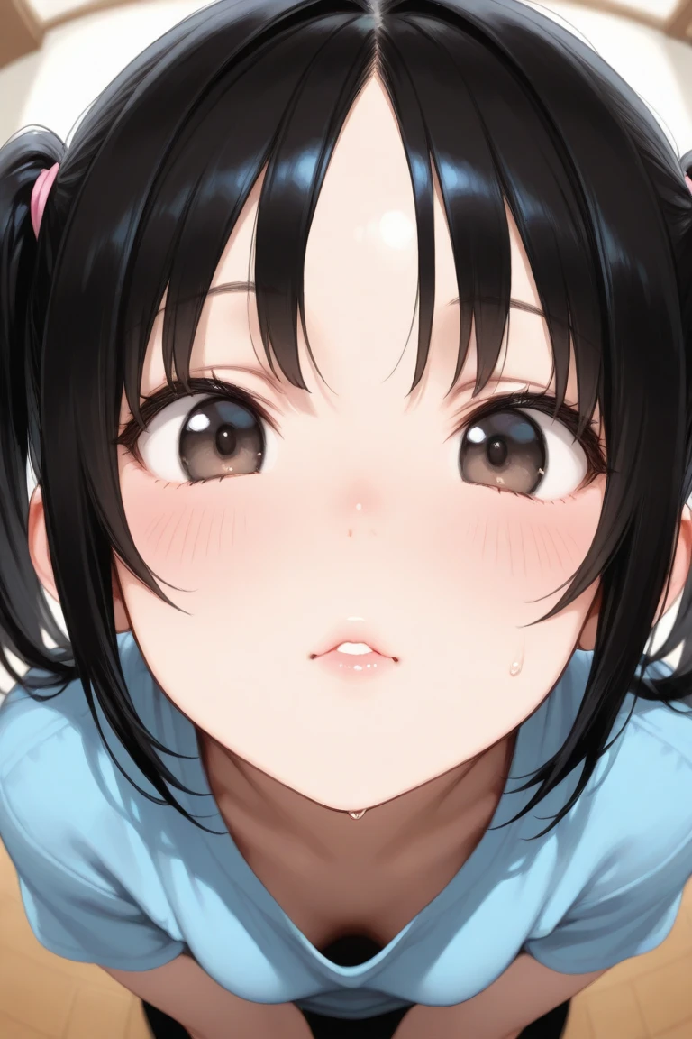 Woman, slim, pale, pure, simple, white background, face close-up, black hair, black eyes, straight bangs, asian eyes, slanted eyes, small eyes, narrow eyes, Chinese eyes, buns, cute, straight bangs, cute, adorable, mouth open wide, drooling