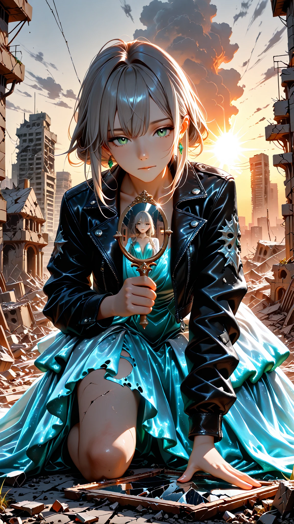 (Masterpiece:1.3), a highly detailed semi-realistic anime-style of a stunning,  female aristocrat with flowing silver hair, wearing (a ripped velvet gown:1.3) with ornate jewelry and (a ripped leather jacket:1.3), her pose expressive as she steps over debris with a captivating gaze, (holding a shattered mirror:1.2). (The background shows a desolate post-apocalyptic city:1.3) with (collapsed structures:1.3), (building ruins) , and a (hazy sky), rendered with realistic textures, muted tones (grays, browns, greens), soft lighting with a dramatic edge, and an elegant yet commanding aura, (dim lit background:1.2), (sunset on the horizon), no distortions, 16k, trending on Artstation.