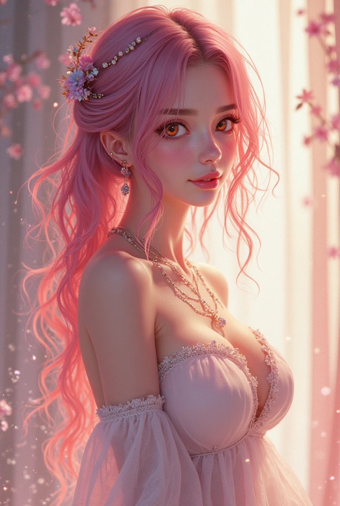 a beautiful adult woman goddess, unicorn horn, pink dress with candies, pink background with rainbows and unicorns, (best quality,4k,8k,highres,masterpiece:1.2),ultra-detailed,(realistic,photorealistic,photo-realistic:1.37),intricate details, highly detailed, ornate, elegant, whimsical, magical, fantasy, vibrant colors, soft lighting, dreamlike