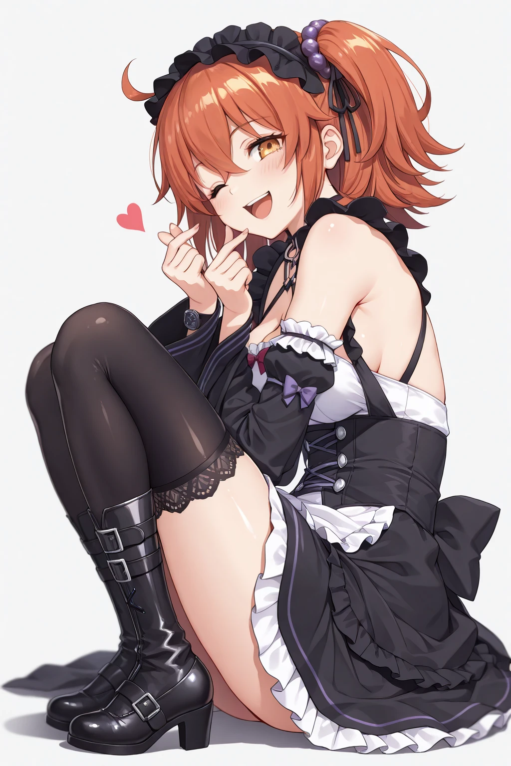 (muste piece), (best quality), (score_9, score_8_up, score_7_up), very detailed eyes, expressive eyes, perfect face, very detailed face, highly detailed face, beautiful girl, 8K, beautiful girl, white background, delicate and beautiful face and eyes, dark intense shadow, 
1 girl, vtuber style, cool girl, hololive, vtuber, Houshou Marine,marine_officer, black leotard, black pantyhose, black gloves, streaked hair, thigh boots, red coat, shako cap, red eyes, yellow eyes, big chest, arms up, armpit, bare arms, two hand behind head, smile, body visible through clothes, chest visible through clothes, ass visible through thighs, (full body), squatting, sweating, open legs wide, from below, pov crotch,