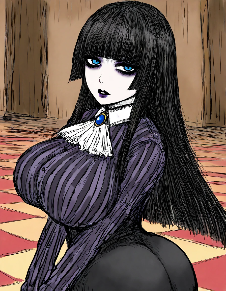 The character is drawn in a cartoon style with thick black linear strokes., varying between thin and thick, in an aesthetic reminiscent of the artist Illuxxtrandy. Their eyes are extremely large and expressive, with a surreal and cartoonish disposition. The face is extremely thin, exceptionally elongated, with a missing jaw and a distinct V-shape. Inspired by Kimetsu no Yaiba, She is depicted with strong shading and severe shadows, creating dramatic contrast and lighting marked by intense contrasts and deeply shadowed areas. The highlight of the design is the extremely long face, a distinctive feature that captures its elongated face. (Very thin eyes, small and thin eyes, little eyes.) straight pose, vestimentas preta, Black Skirt, vestimentas elegante, vestimentas bonita, vestimentas, well dressed, vestimentas de caçadoras de Oni, cute hair
