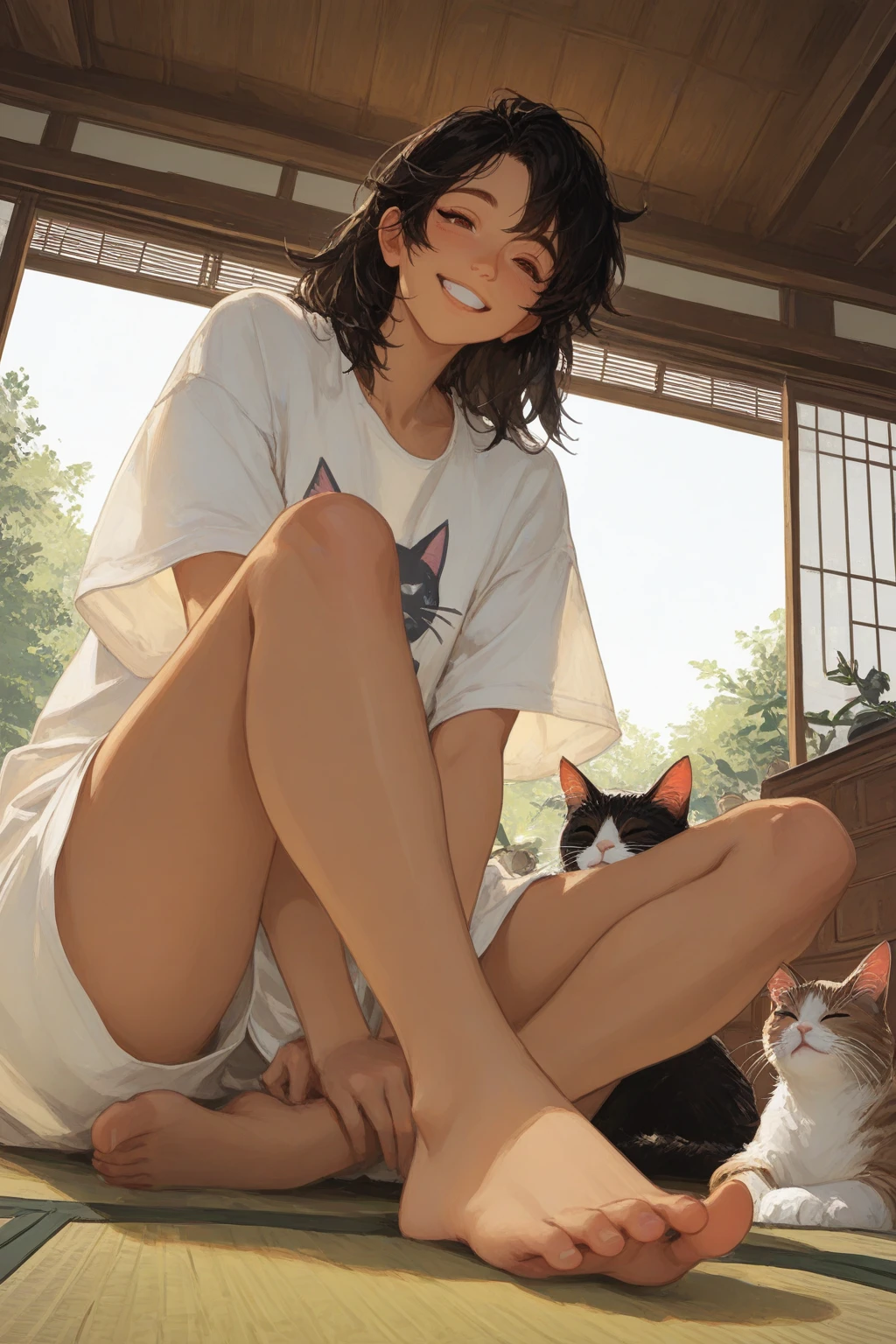 masterpiece, best quality, 1girl, loli, 10yo, child, white panties, topless, holding a cat, smile, happy, morning, bright sunlight, bedroom, best shadows, watercolor,